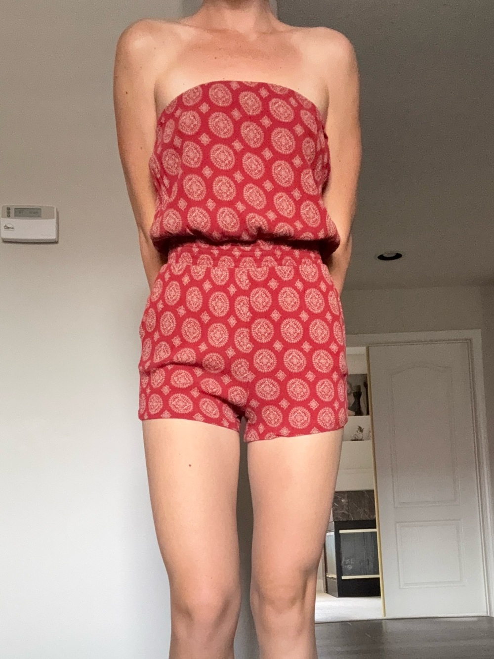 Forever 21 Red Strapless Printed Romper